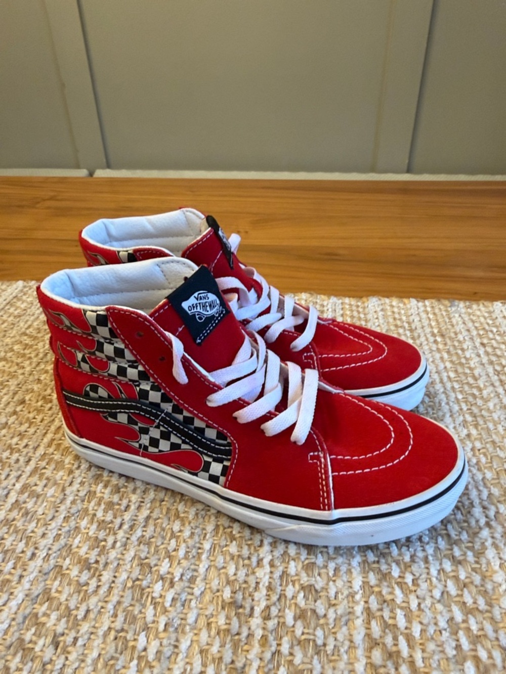 Vans Kids Red High-Top Sneakers with Checkerboard & Flame Detail